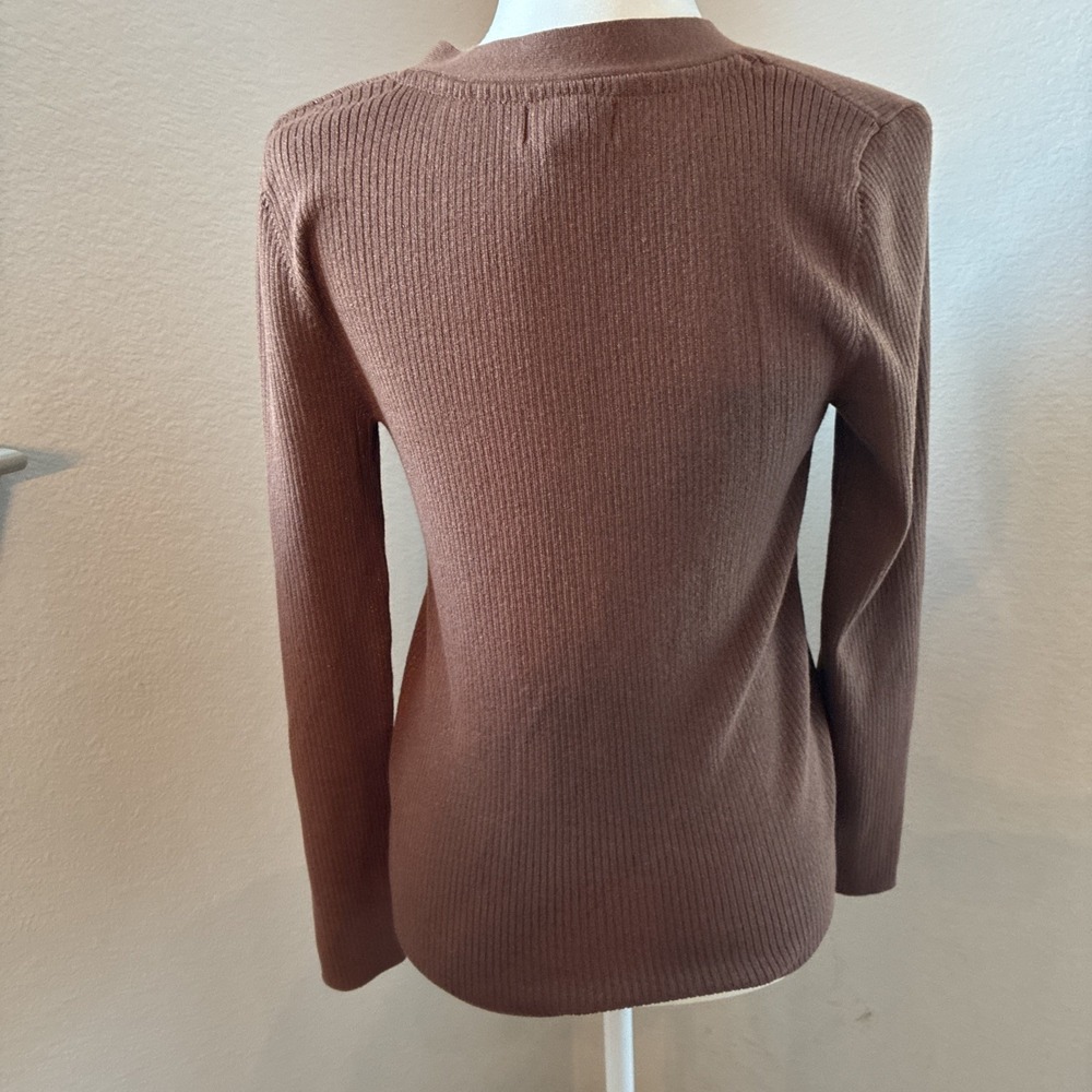 Maeve Thea Ribbed V-Neck Sweater Top Medium Honey Brown Metallic Anthropologie - Picture 4 of 10